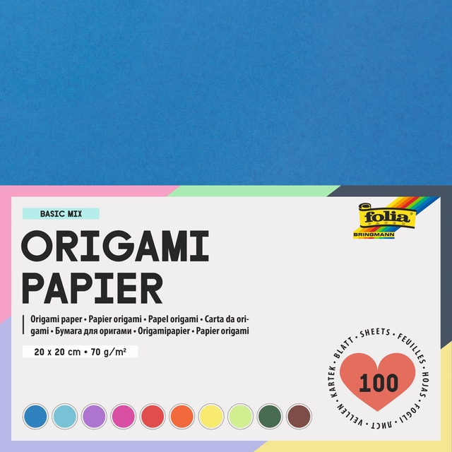 Origami papier Folia 70gr 20x20cm 100 vel assorti kleuren Origami papier Folia 70gr 20x20cm 100 vel assorti kleuren