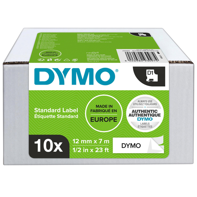 Labeltape Dymo LabelManager D1 polyester 12mm zwart op wit 10 stuks Labeltape Dymo LabelManager D1 polyester 12mm zwart op wit 10 stuks