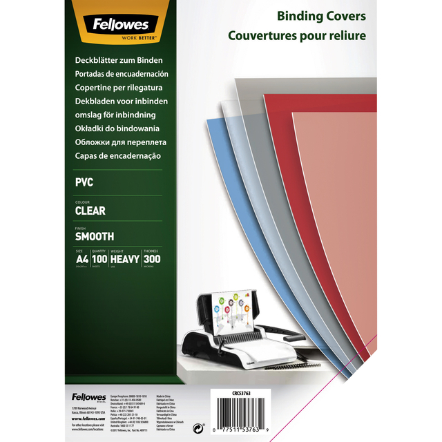 Voorblad Fellowes A4 PVC 300micron 100 stuks Voorblad Fellowes A4 PVC 300micron 100 stuks