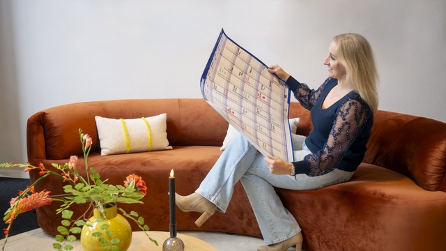 bank, sofa, canvas, kaart, vrouw