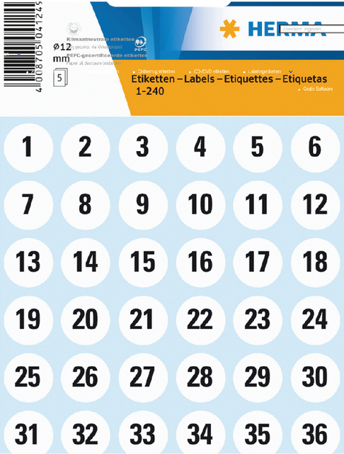 Etiket HERMA 4124 12mm getallen 1-240 240stuks Etiket HERMA 4124 12mm getallen 1-240 240stuks