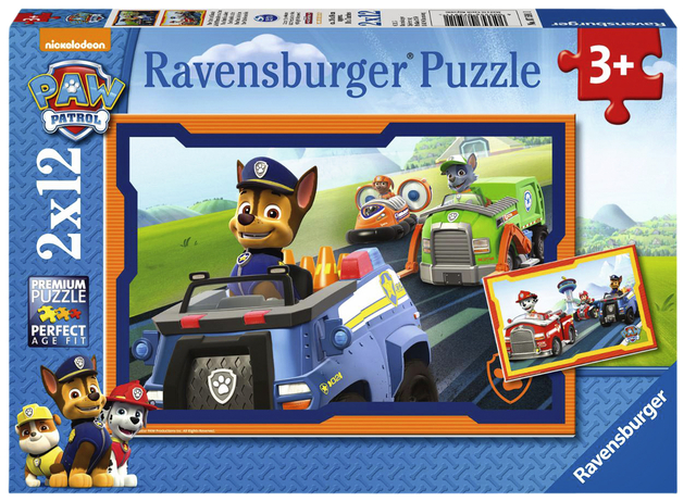 paw patrol, ravensburger puzzel, 2x12, kinder puzzel, autobussen voertuigen