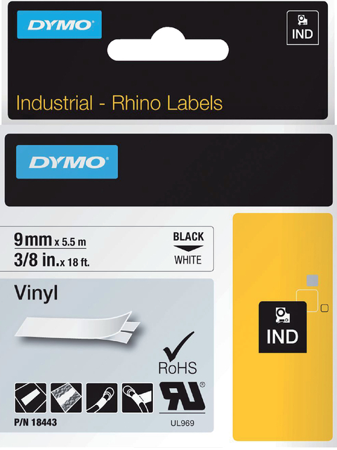 Labeltape Dymo Rhino industrieel vinyl 9mm zwart op wit Labeltape Dymo Rhino industrieel vinyl 9mm zwart op wit