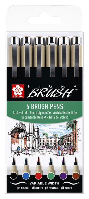Brushpen Sakura Pigma Brush set à 6 stuks zwart