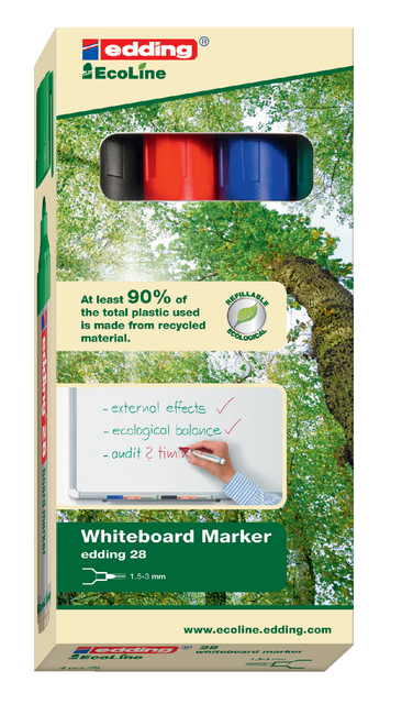 Whiteboardmarker edding 28 EcoLine rond 1.5-3mm assorti set à 4 stuks Whiteboardmarker edding 28 EcoLine rond 1.5-3mm assorti set à 4 stuks