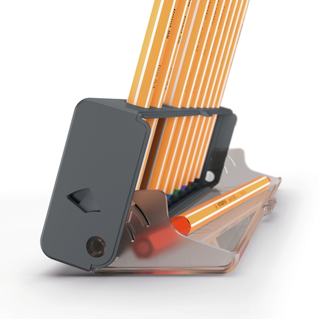 puntenslijper, potloden, oranje potloden, grijze behuizing, compact ontwerp