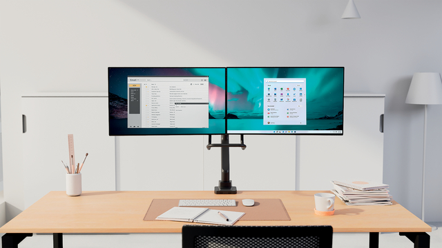 computerbureau, houten bureaublad, dubbele monitor, monitorarm, thuiskantoor