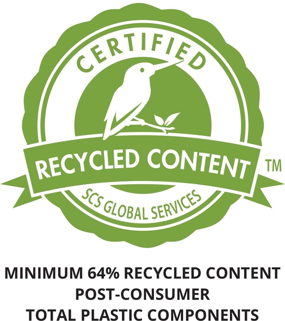 recyclingkeurmerk, 64% gerecycled, post-consumer plastic, groen label, vogelillustratie