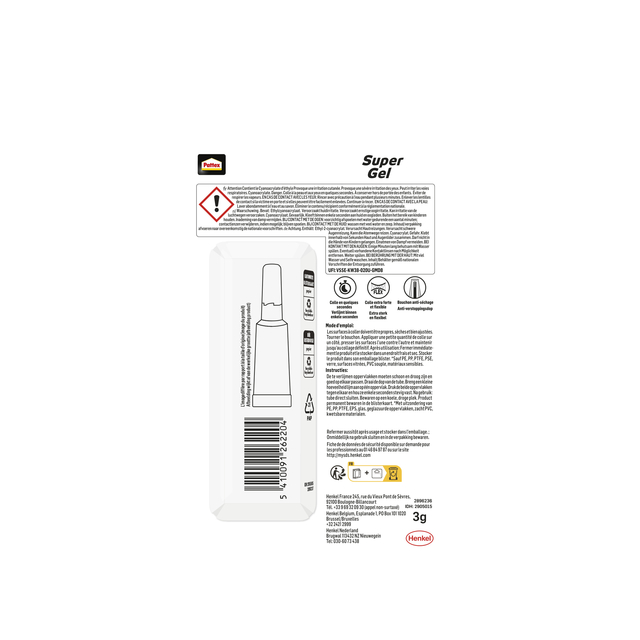 Secondelijm Pattex super gel tube 3gram op blister