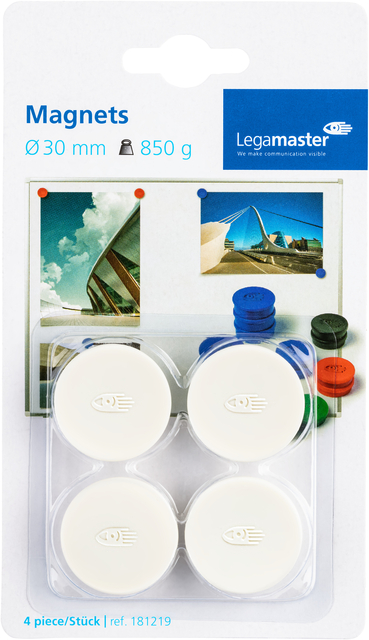 Magneet Legamaster 30mm 850gr wit 4 stuks Magneet Legamaster 30mm 850gr wit 4 stuks