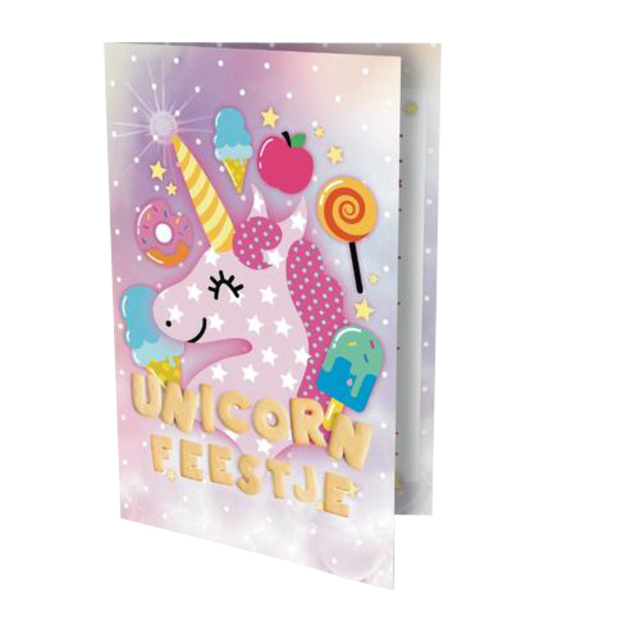 unicorn, feestkaart, kinderkaart, zachte pastel, glitter